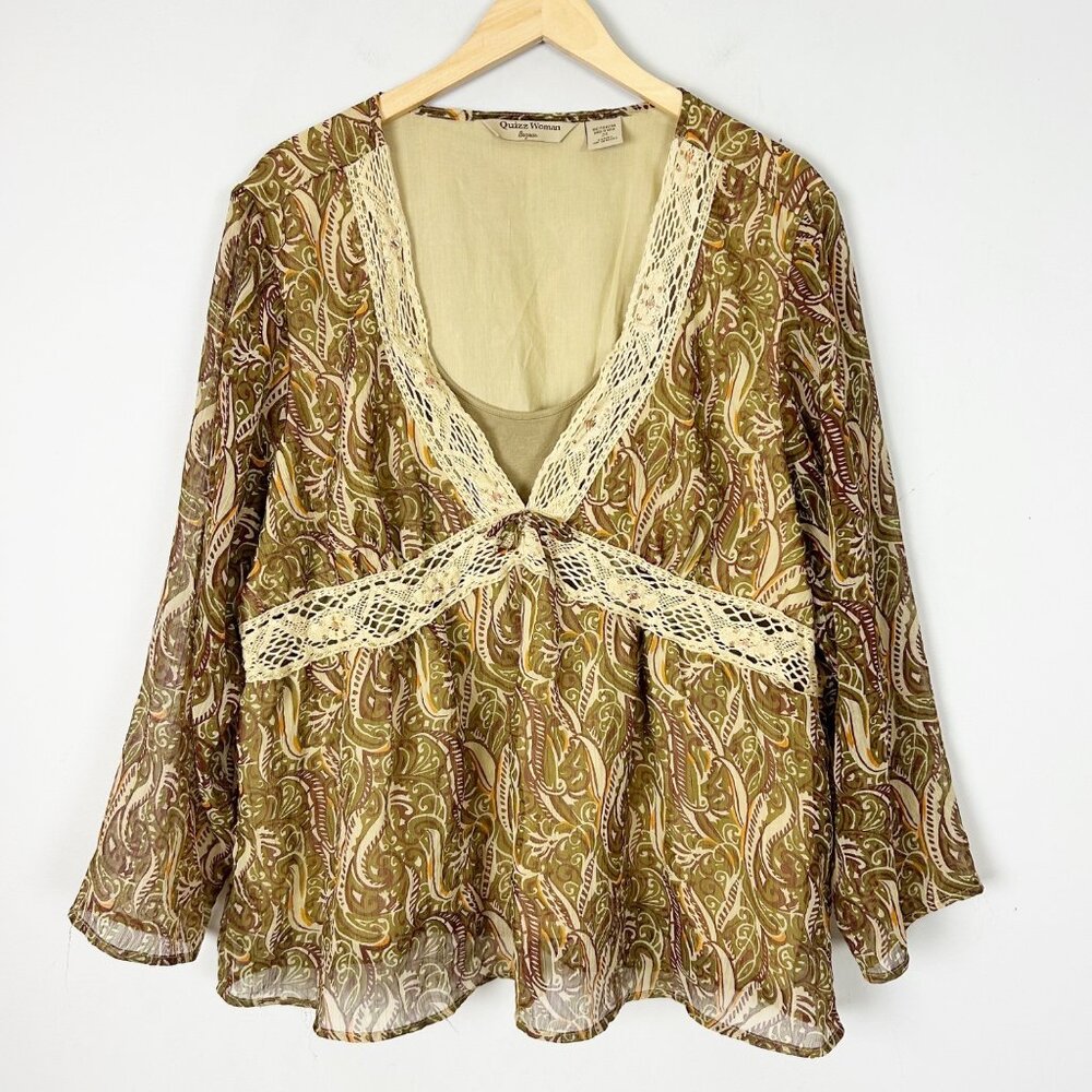 Y2K Fairy Forest Babydoll Top Flowy Sheer Sleeves Crochet Neck Size 24 Women's